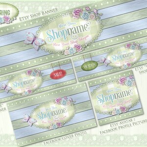 May include: A set of digital graphics for Etsy shop banners, Facebook cover photos, and profile pictures. The graphics feature a light blue and green woodgrain background with a white and green gingham pattern, a floral design, and a butterfly. The text "Shopname" is displayed in a decorative font.