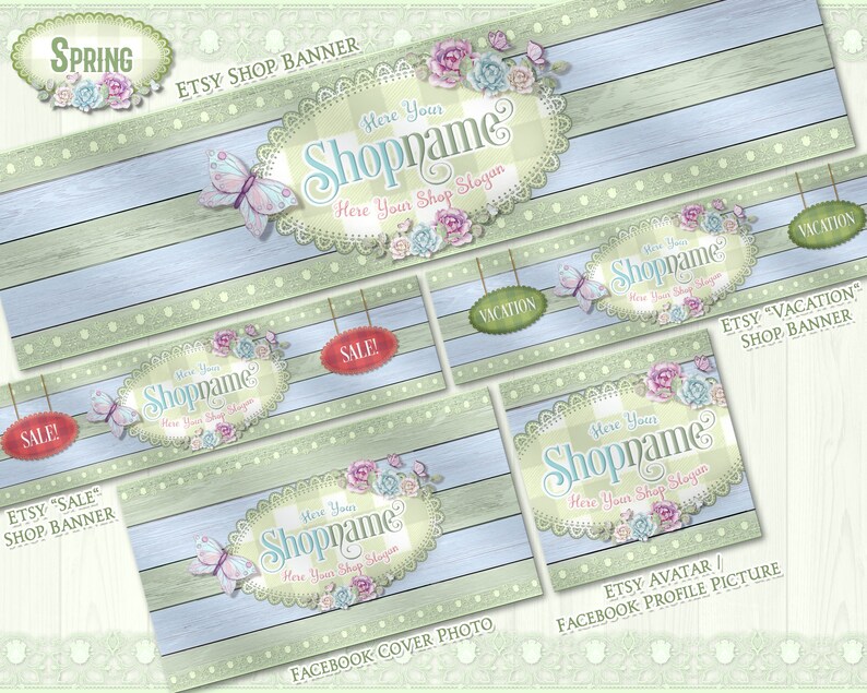 May include: A set of digital graphics for Etsy shop banners, Facebook cover photos, and profile pictures. The graphics feature a light blue and green woodgrain background with a white and green gingham pattern, a floral design, and a butterfly. The text "Shopname" is displayed in a decorative font.