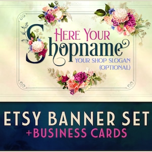 Ensemble de bannières de boutique Etsy, comprend des cartes de visite assorties, une bannière Facebook, une icône de boutique Etsy, des fleurs