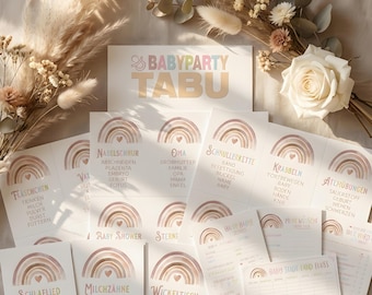 Babyparty TABU + 4 Extra Spiele | Boho Baby Shower | Regenbogen | Babyparty Tippkarten | Baby Stadt Land Fluss | Sofort Download