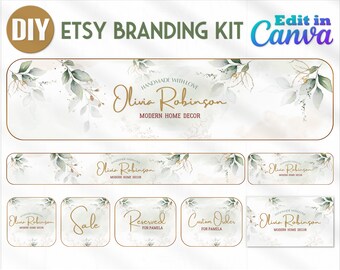May include: A branding kit for Etsy shops with a watercolor floral design. The kit includes a banner, social media graphics, and labels. The text on the graphics reads "Handmade with Love Olivia Robinson Modern Home Decor".