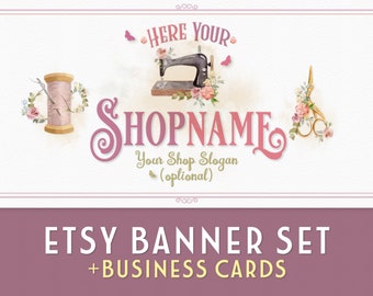 Nähen Etsy Shop Banner Set | Passende Visitenkarten + Passendes Facebook Banner | Nähmaschine + Blumen + Handarbeit + Bekleidung schneidern
