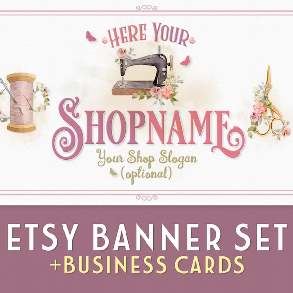 Nähen Etsy Shop Banner Set | Passende Visitenkarten + Passendes Facebook Banner | Nähmaschine + Blumen + Handarbeit + Bekleidung schneidern