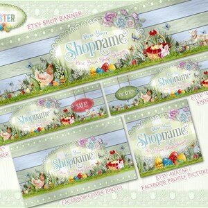 May include: A set of digital graphics featuring an Easter theme. The graphics include a banner with the text "Here Your Shopname Here Your Shop Slogan", a Facebook cover photo, a Facebook profile picture, and an Etsy shop banner. The graphics feature a pastel colour palette with images of eggs, bunnies, chicks, and flowers.