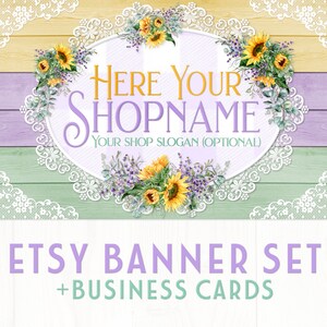 Ensemble de bannières de boutique Etsy tournesol | Cartes de visite assorties | Bannière Facebook correspondante | Rustique + lavande + fleurs + dentelle + bois