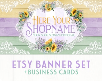 Sunflower Etsy Shop Banner Set | Matching Business Cards | Facebook Cover | Rustic Premade Branding Kit | Lavender Eucalyptus Flowers Wood