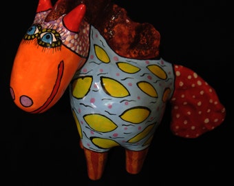 Majolica Ceramic Horse Figurine, Colorful Art Sculpture