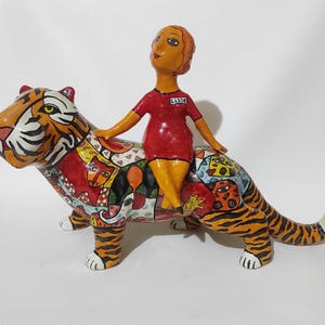 Ceramic sculpture "My Tiger", Tiger figurine, tiger clay figurine, tiger souvenir gift, animals figurines from ceramic, girl and tiger