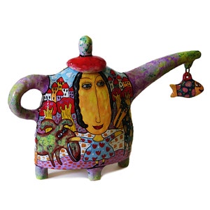 Kettle with fish, Ceramic teapot, painted teapot, teapot a decorated, Pottery teapot, Handmade Ceramic Kettle, Ceramics and pottery Tea Set