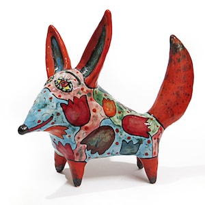 Ceramic figure fox hand painted glazes, majolica, best art gift for mother&#39;s day