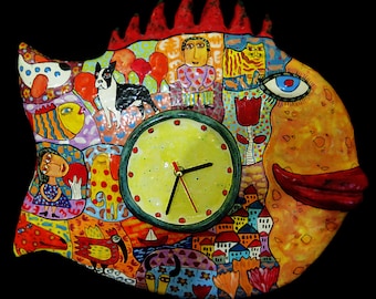 Horloge murale poisson, horloge murale en céramique, horloge murale grande, grande horloge murale, horloge murale moderne, horloge murale grande, horloge murale originale, poisson horloge