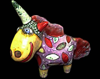 Rainbow Unicorn Ceramic Sculpture, Magic Pottery Art