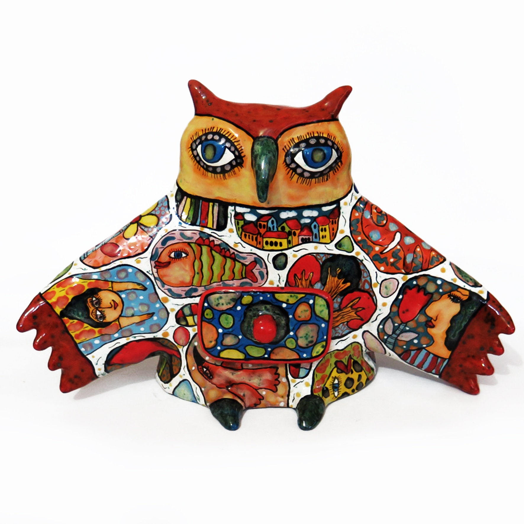 Big owl with a secret ceramic sculpture by Sergey Gerasimenko, majolica technique, gift for lovers b