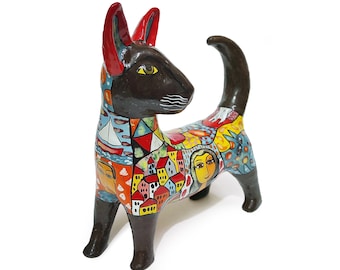 Escultura de gato negro de mayólica – Decoración única de gato de cerámica