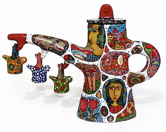 A large decorative teapot with his children - a sculptural composition by Sergei Gerasimenko