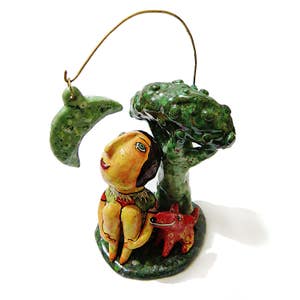 Escultura de cerámica Niña perro y luna, Mirando la luna, Regalo para amantes de los perros, Niña con perro, Regalo para mujer, Niña y perro, Niña y la luna