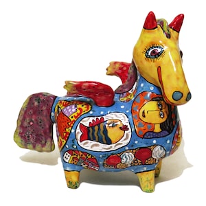 Pegasus winged horse ceramic sculpture, horse sculpture, majolica by Gerasimenko, custom ceramic sculpture hand painted