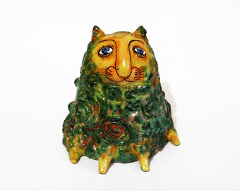 Green Сat - art ceramic Figurine, Cat Sculpture, Ceramic Cat, gifts for cat lovers