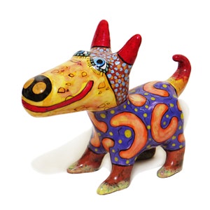 Majolica Ceramic Dog Figurine, Hand-Painted Pottery, Custom Pet Sculpture