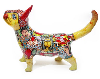 Rainbow cat ceramic sculpture, large cat hand painted figurine, Egyptian cat, Cat on long paws, custom cat sculpture, free shipping, cat art