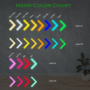 May include: A neon color chart displaying chevron symbols in various hues including warm white, cold white, yellow, orange, dark blue, ice blue, green, light pink, hot pink, red, and teal, shown in both illuminated and non-illuminated states.