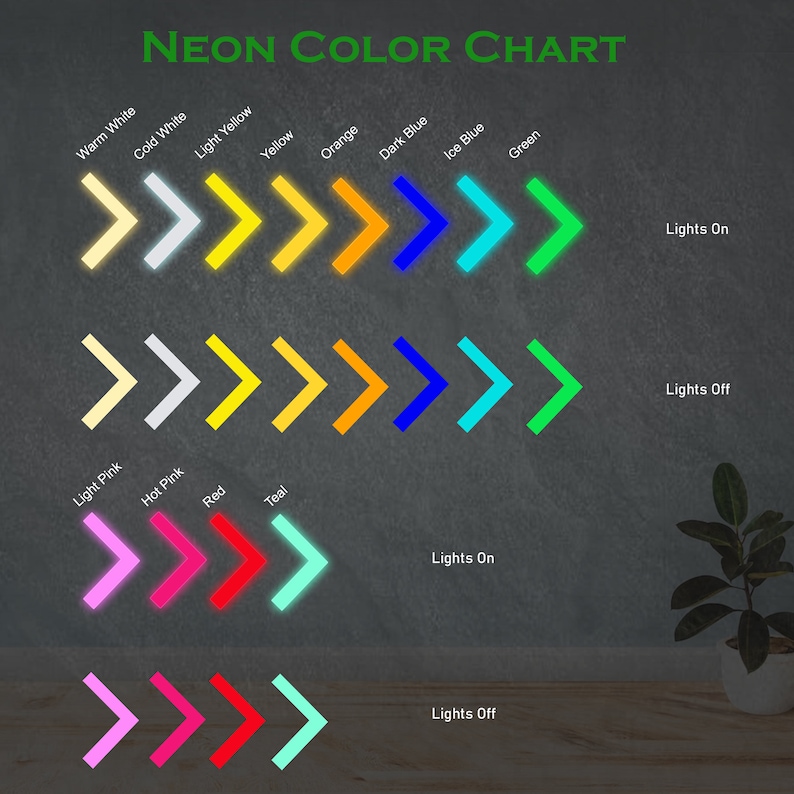 May include: A neon color chart displaying chevron symbols in various hues including warm white, cold white, yellow, orange, dark blue, ice blue, green, light pink, hot pink, red, and teal, shown in both illuminated and non-illuminated states.
