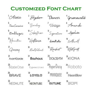 May include: A white chart titled CUSTOMIZED FONT CHART displaying 36 numbered font styles in black text. The list includes cursive, serif, sans-serif, and outline typefaces labeled with names like Alexa, Bayshore, Bauhaus, and SCIFI for selection.