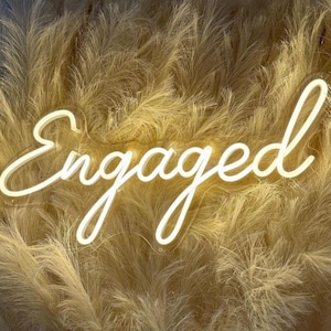 May include: A white neon sign featuring the word Engaged in a cursive script font. The sign is mounted against a backdrop of fluffy, light tan pampas grass plumes that create a soft, textured, and neutral-toned visual display behind the lettering.