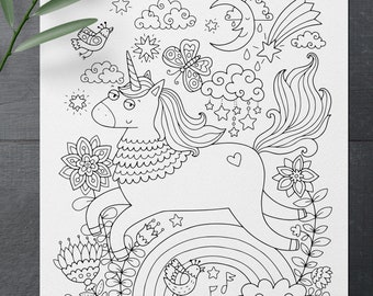 Cute Unicorn: Coloring Page for adults or kids. Doodle art, DIY coloring poster, printable pdf, instant download