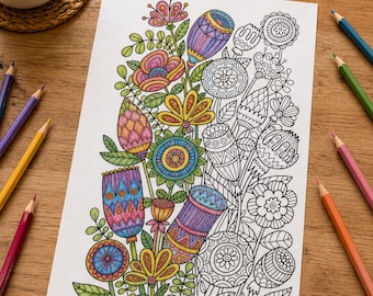 Whimsical adult coloring page: Ethnic flowers. Doodle art, DIY coloring poster, printable pdf, instant download