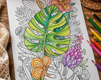 Monstera Printable Coloring Page, Jungle Flowers Adult Coloring Sheet, Tropical Botanical Coloring Page, Instant Download PDF
