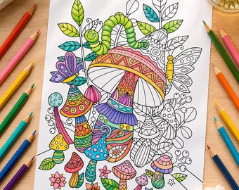 Mushroom Coloring Page for Adults, Printable Fantasy Mushroom PDF, Woodland Coloring Sheet, Whimsical Forest Coloring Page, Stress Relief