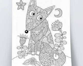Adult coloring page: Foxy fox. Doodle art, DIY coloring poster, printable pdf, instant download