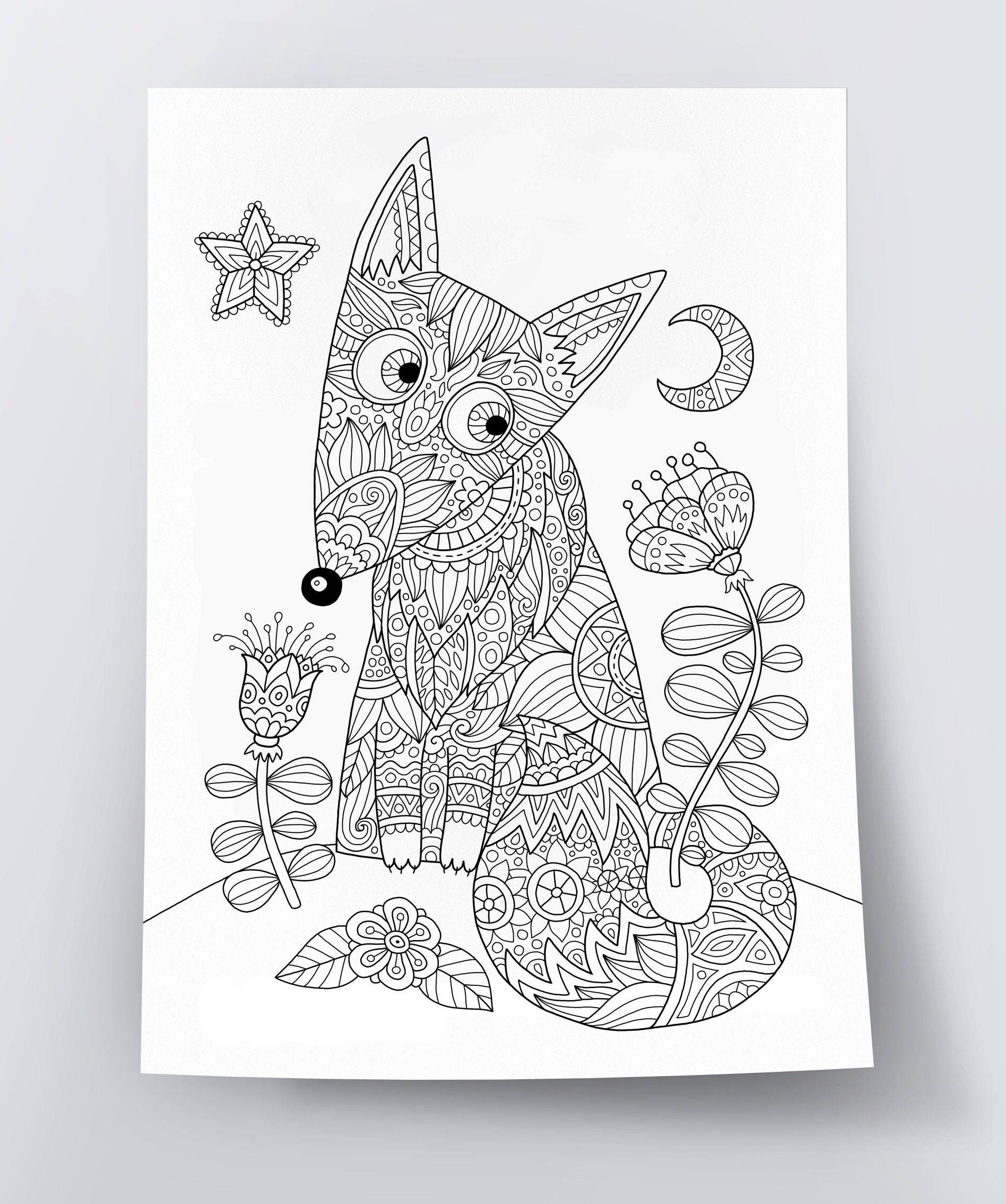 Adult Coloring Page Foxy Fox Doodle Art DIY Coloring Etsy