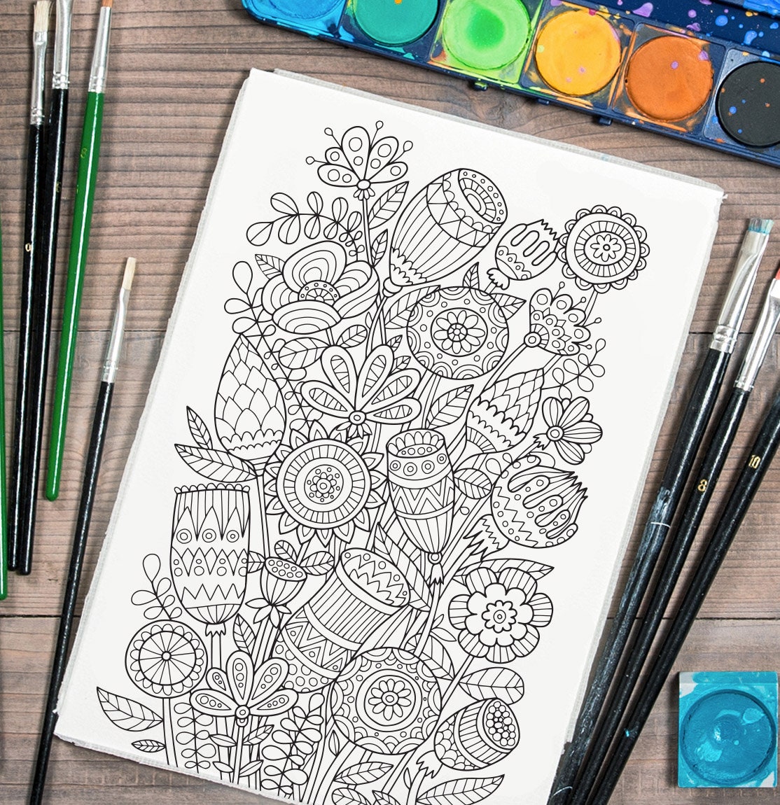 Adult Coloring Page Ethnic Flowers Doodle Art DIY Coloring Etsy