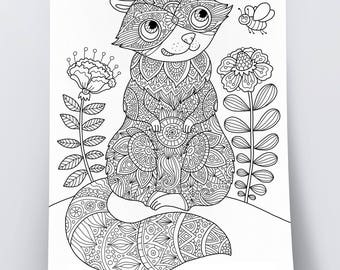 Adult coloring page: Little Raccoon. Doodle art, DIY coloring poster, printable pdf, instant download