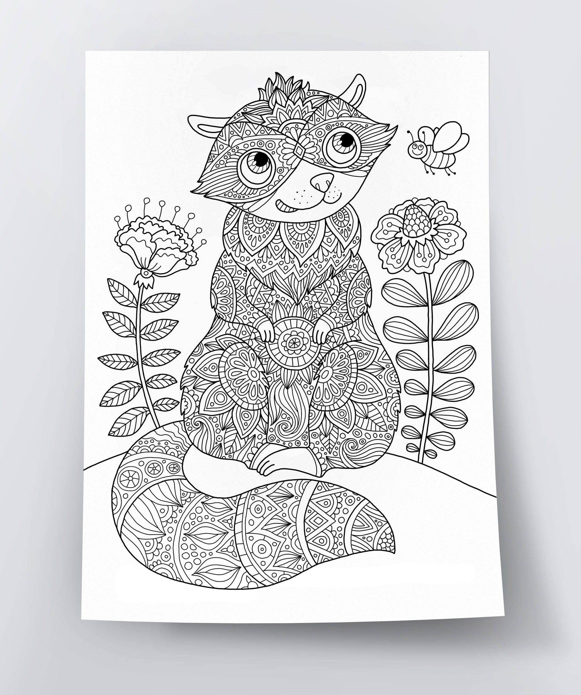 Adult Coloring Page Little Raccoon Doodle Art DIY Coloring Etsy
