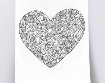Adult coloring page: Heart. Doodle art, DIY coloring poster, printable pdf, instant download