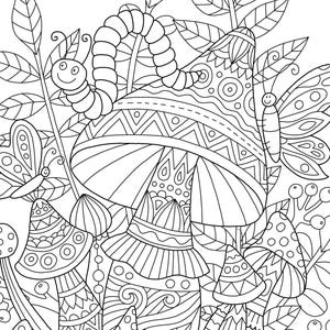 Adult coloring page: Magic Mushrooms. Doodle art, DIY coloring poster, printable pdf, instant download image 2