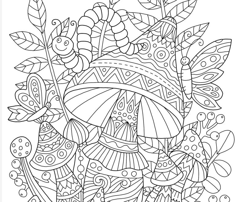 Adult coloring page: Magic Mushrooms. Doodle art, DIY coloring poster, printable pdf, instant download image 2