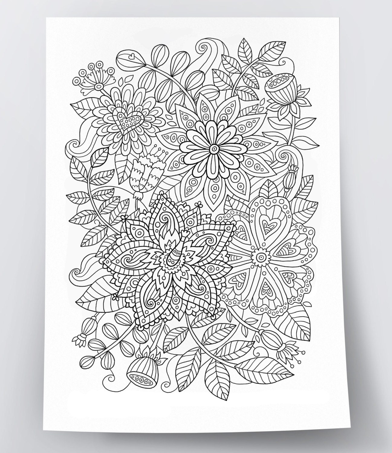 Adult Coloring Page Flowers Doodle Art DIY Coloring Poster Etsy