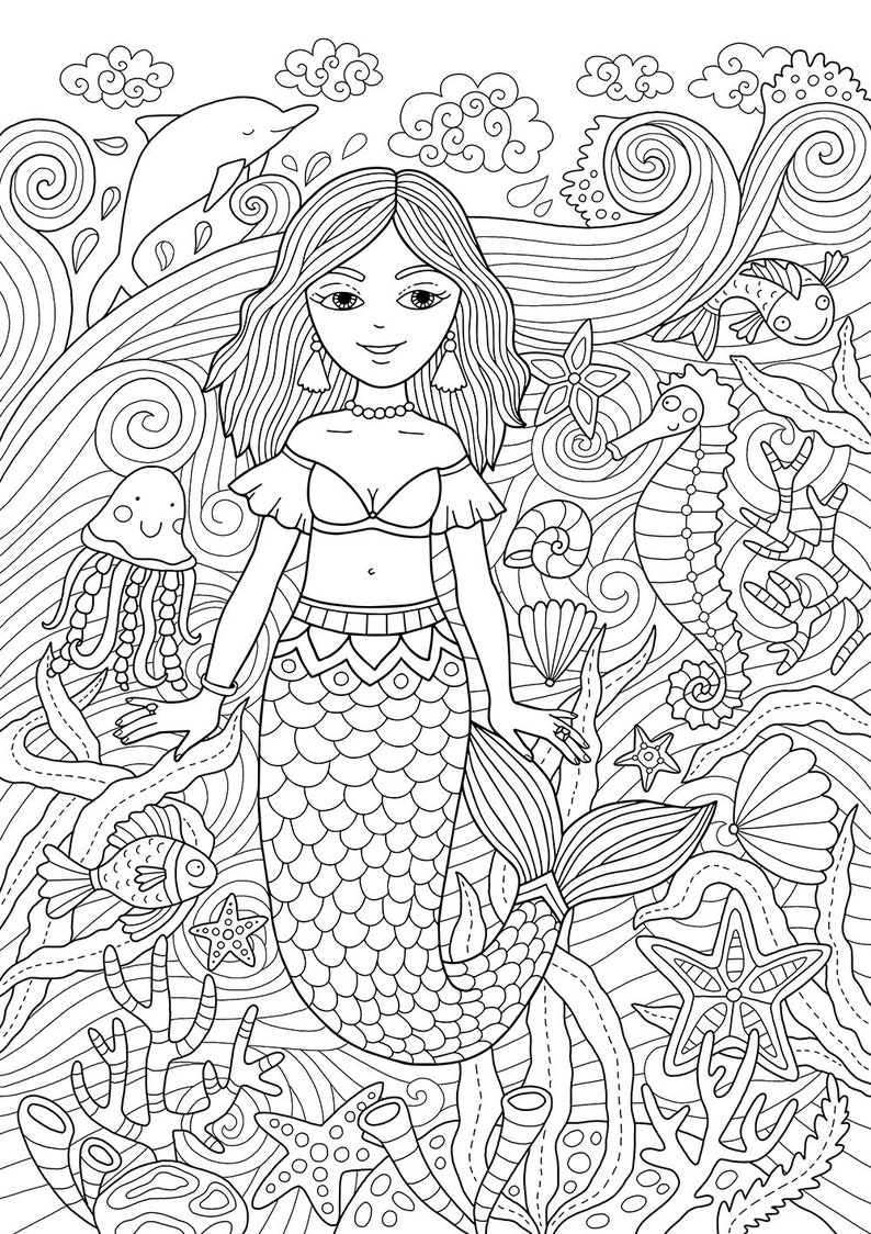 Adult coloring page: Little Mermaid. Doodle art DIY coloring | Etsy