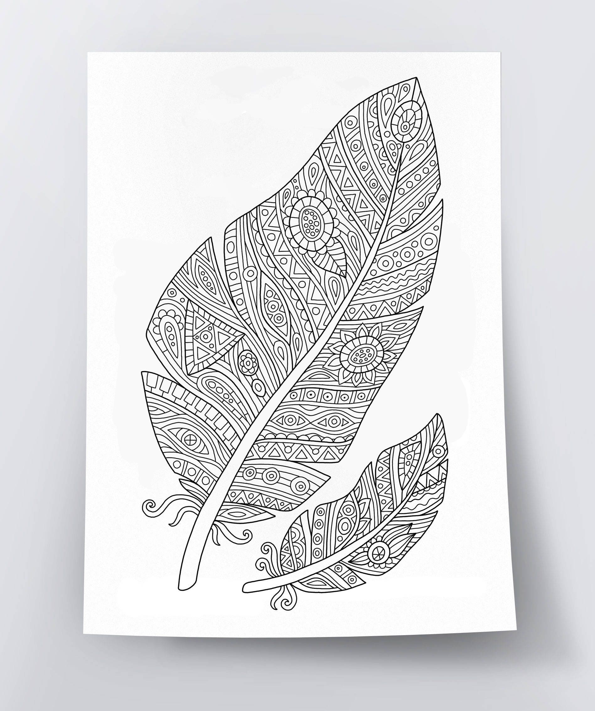Adult Coloring Page Feathers Doodle Art DIY Coloring Etsy