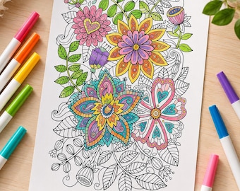 Floral Coloring Page for Adults, Printable Flower PDF, Botanical Coloring Sheet, Mandala Flower Coloring Page, Stress Relief Coloring