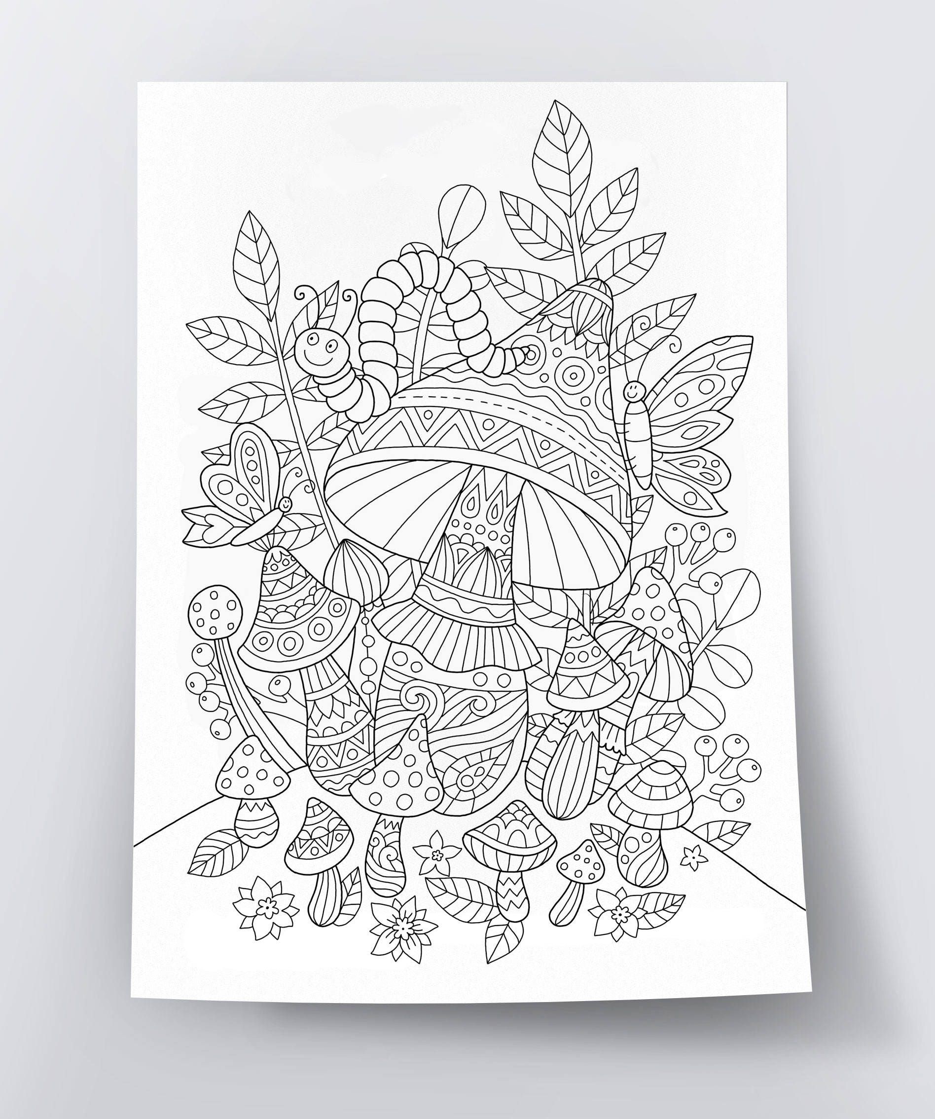 Adult Coloring Page Magic Mushrooms Doodle Art DIY Coloring Etsy