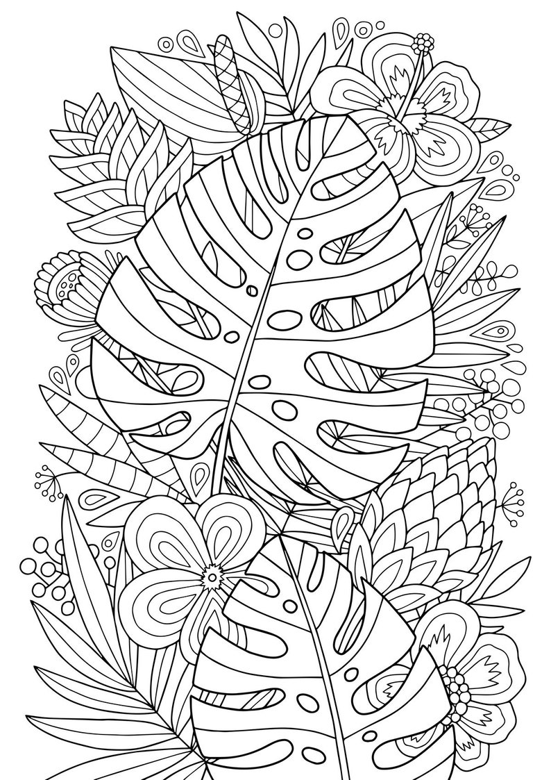 Adult Coloring Page: Monstera Tropics. Doodle Art DIY | Etsy