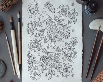 Adult coloring page: Birds and flowers. Doodle art, DIY coloring poster, printable pdf, instant download