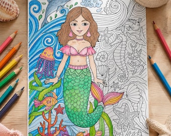 Mermaid Coloring Page for Adults, Printable Mermaid PDF, Under the Sea Coloring Sheet, Ocean Fantasy Coloring Page, Stress Relief Coloring