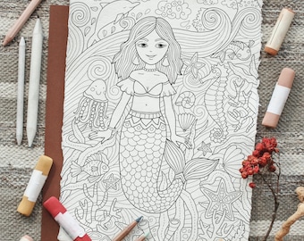Adult coloring page: Little Mermaid. Doodle art, DIY coloring poster, printable pdf, instant download