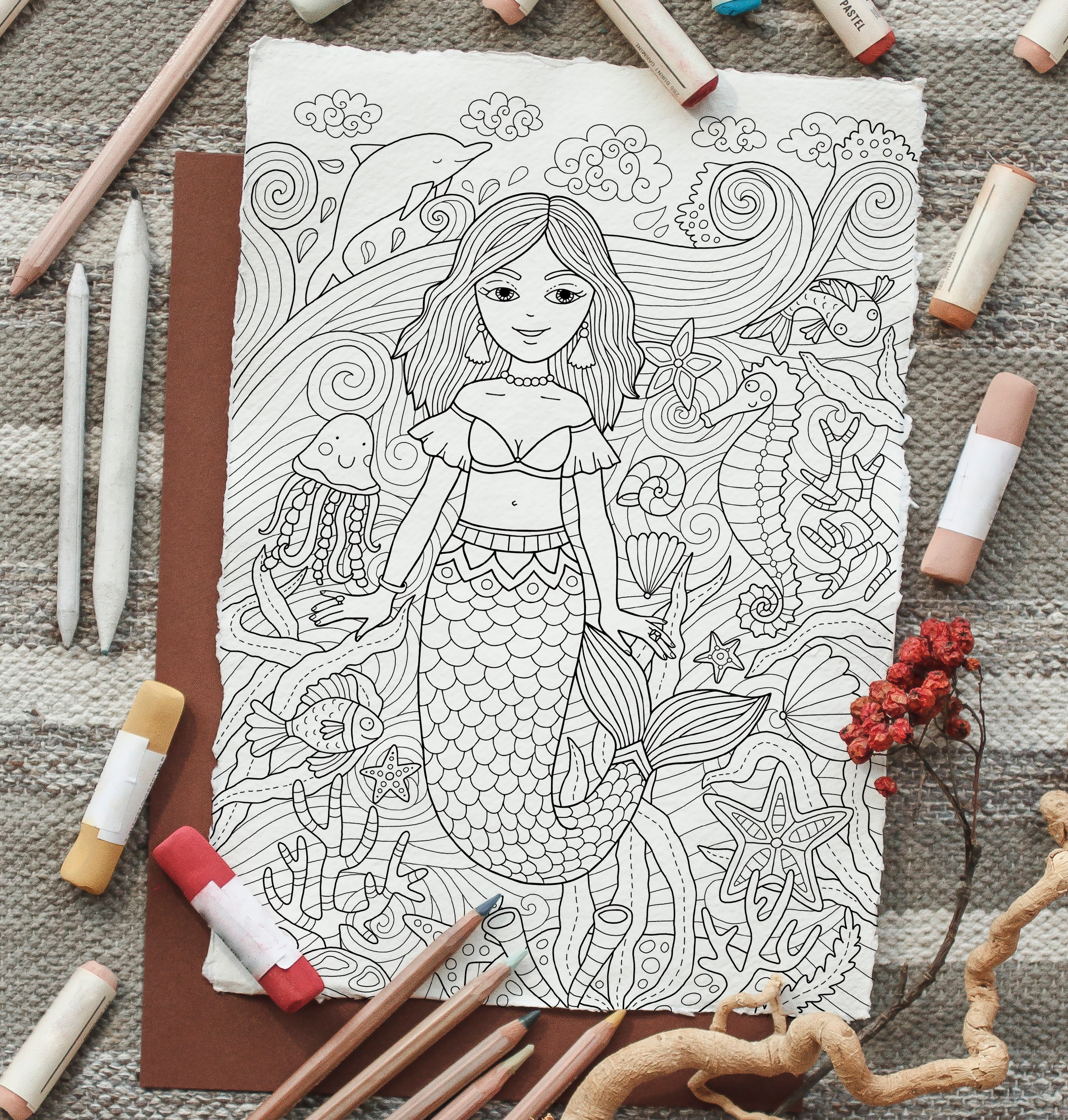 Adult Coloring Page Little Mermaid Doodle Art DIY Coloring Etsy